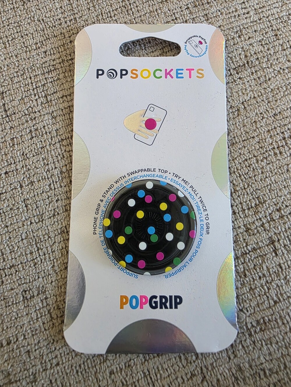 New PopSocket PopGrip Phone Grip — Black with Multicolor Polka Dots